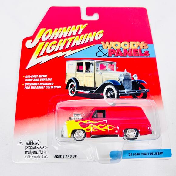 Johnny Lightning 1955 Ford Panel Delivery Woodys Panels Diecast 1:64 Red Flames - Picture 1 of 4